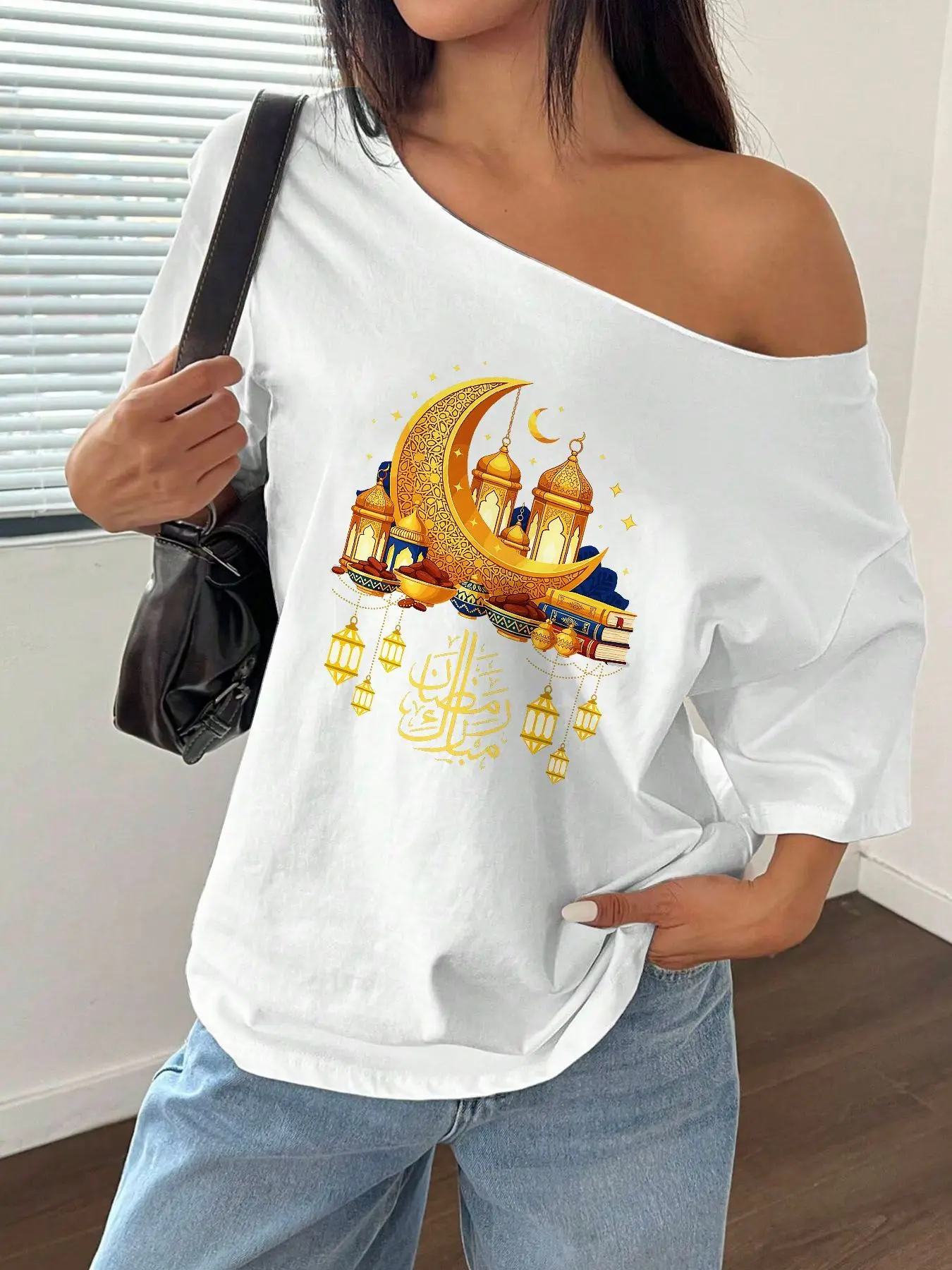 100% Cotton Plus Size Ramadan Kareem Moon Lantern Print Shoulder Loose Print T-Shirt Oversized Y2K Style Graphic Tees Women T