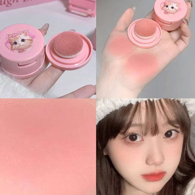 Heallor Cute Cat Blush Lasting Natural Matte Cream Rouge Pink Orange Cheek Contour Blusher Powder with Puff Makeup Face Brighten