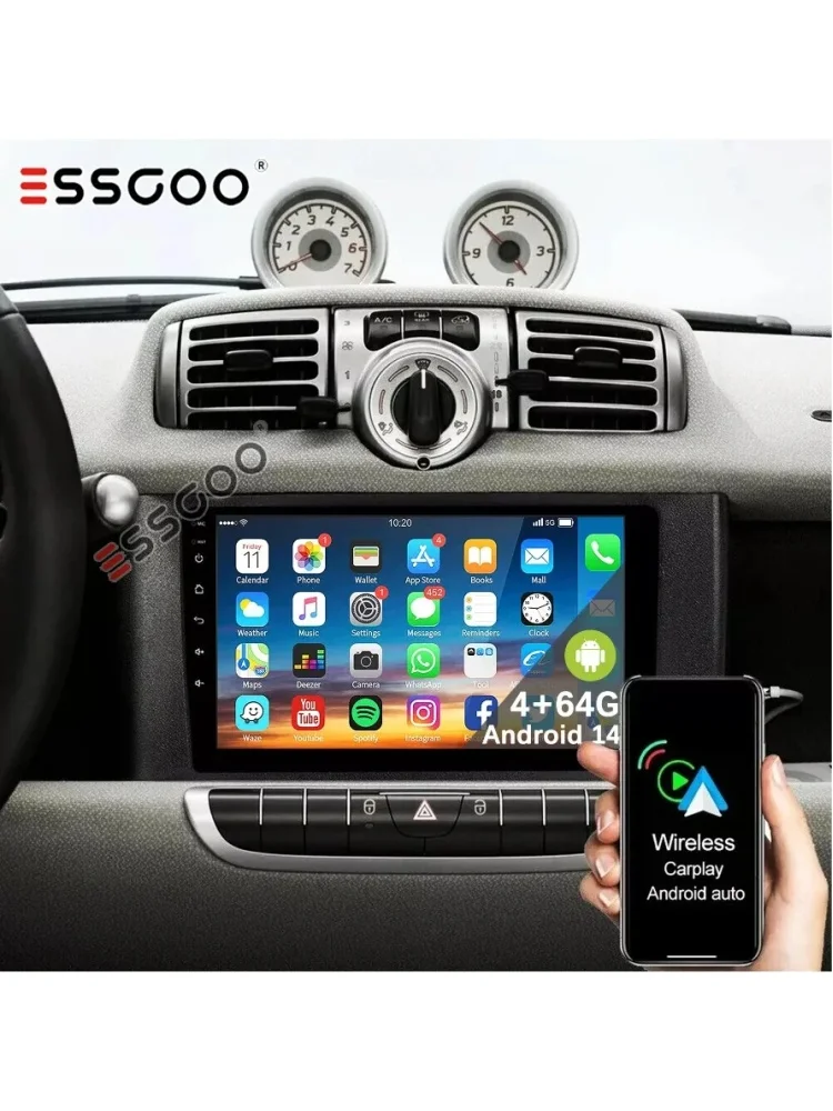 MOPECT 9 Zoll für Mercedes Benz Smart Fortwo 451 2005-2015 Apple CarPlay Android Auto Radio GPS FM WiFi BT AM Multimedia DAB+ DVR