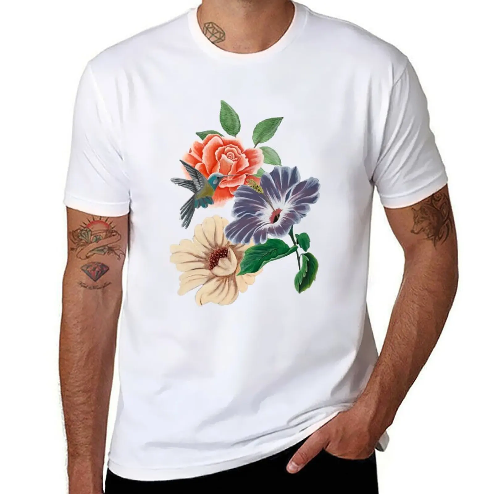 

Floral Bouquet and Hummingbird T-Shirt t shirts for man graphic tees man t shirts cotton T-Shirt