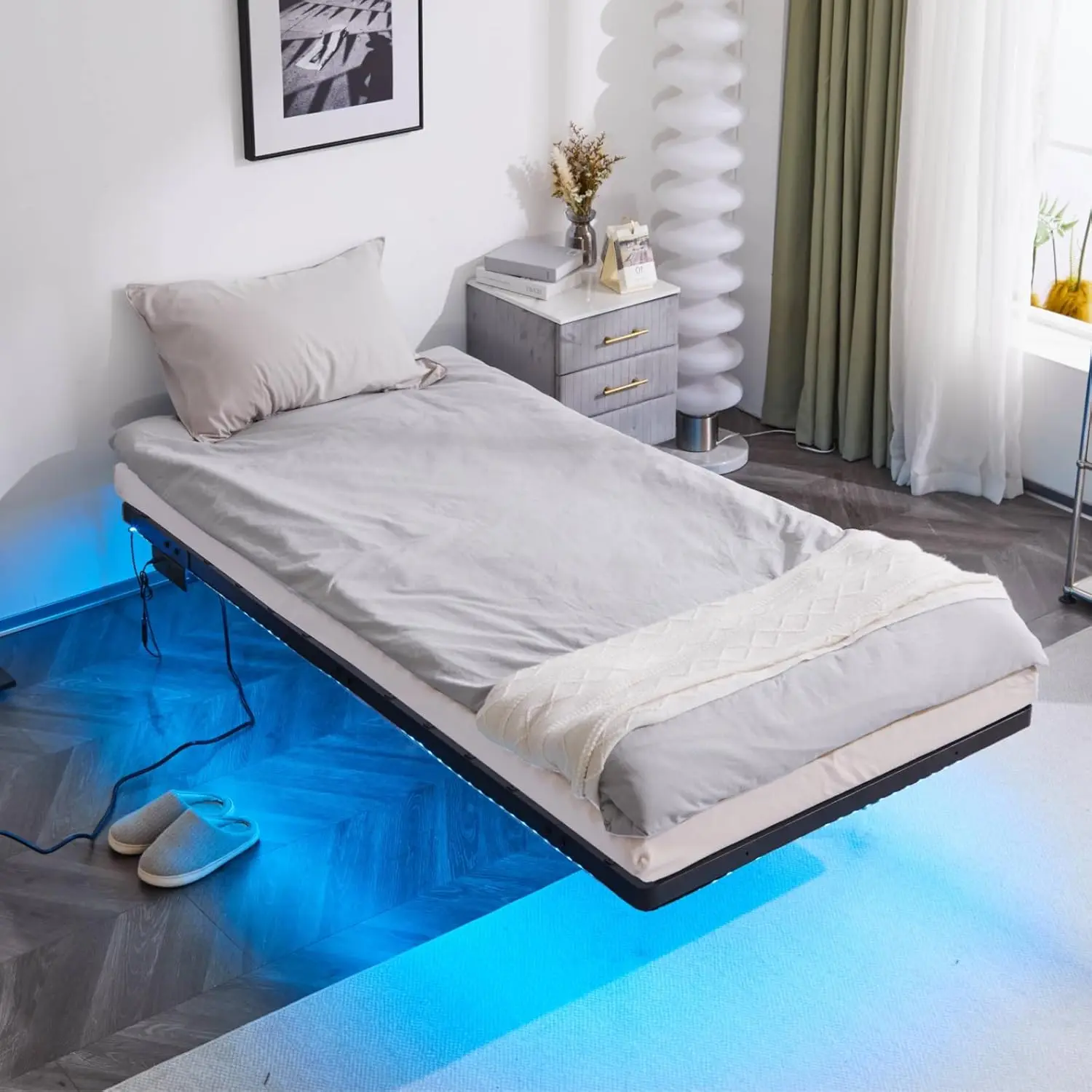 

Twin Floating Bed Frame with USB Charging Station/LED Lights, 14'' Platform Bed Frame Twin Size Heavy Duty Metal Bed