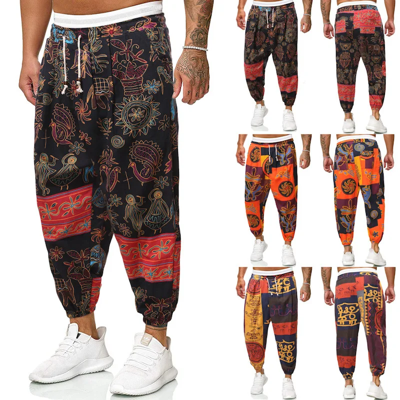 European and American Casual Harem Pants Men Famous Clan Style Loose Cotton and Linen Pants for Men Fashion Print Street Style