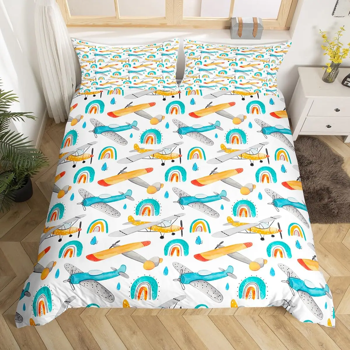 Aircraft Duvet Cover Queen Full Size Rainbow Plane Bedding Set Kids Cartoon Helicopter Comforter Cover Microfiber Quilt Cover