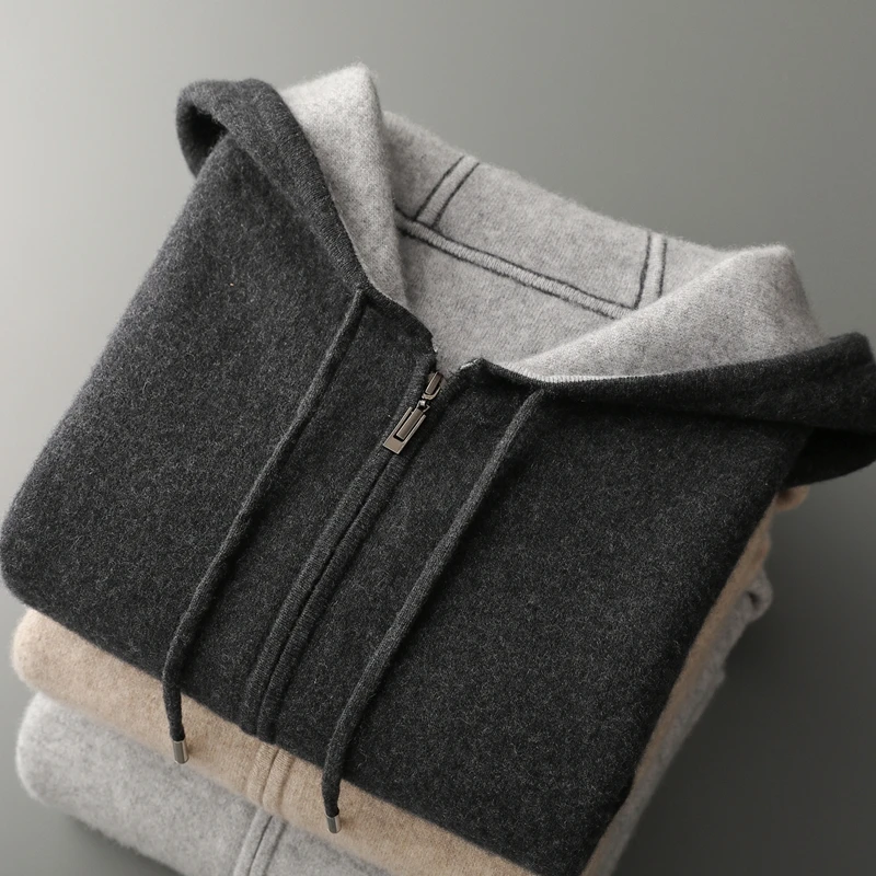 Comfortable and lazy new 100% Merino wool men\'s hooded sweater loose and thick zipper casual cardigan coat for autumn and winter