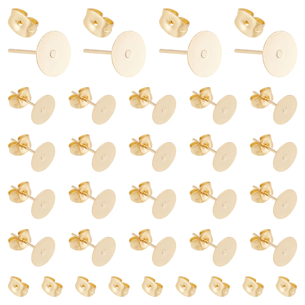 

304 Stainless Steel Stud Earring Findings with Ear Nuts/Earring Backs Flat Round Golden 12x8mm Pin: 0.8mm 60pcs/box