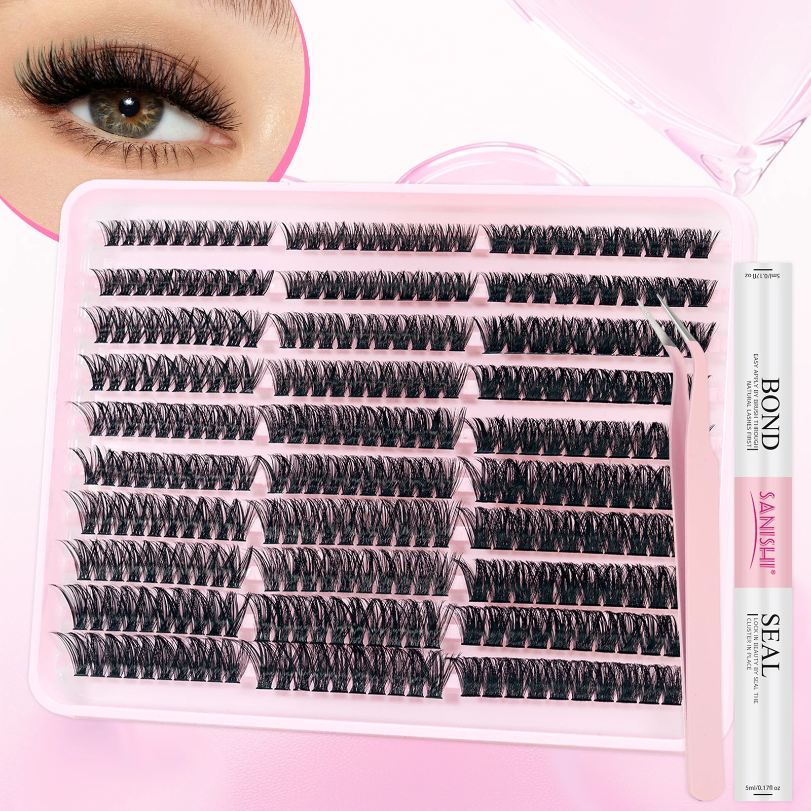 Sanishi Lashes 40D+60D+80D Eyelash Extension Set 8-16mm Individual Eyelash Growth Kit 300PCS Eyelash Adhesive Sealing Tweezers