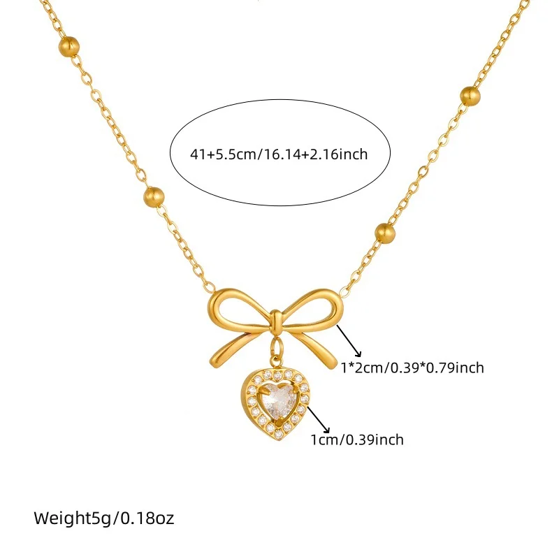 18K Gold Plated Bow & Heart CZ Necklace, Delicate Beaded Chain with Dangling Charm, Stainless Steel Romantic Statement Jewelry - Detail 1