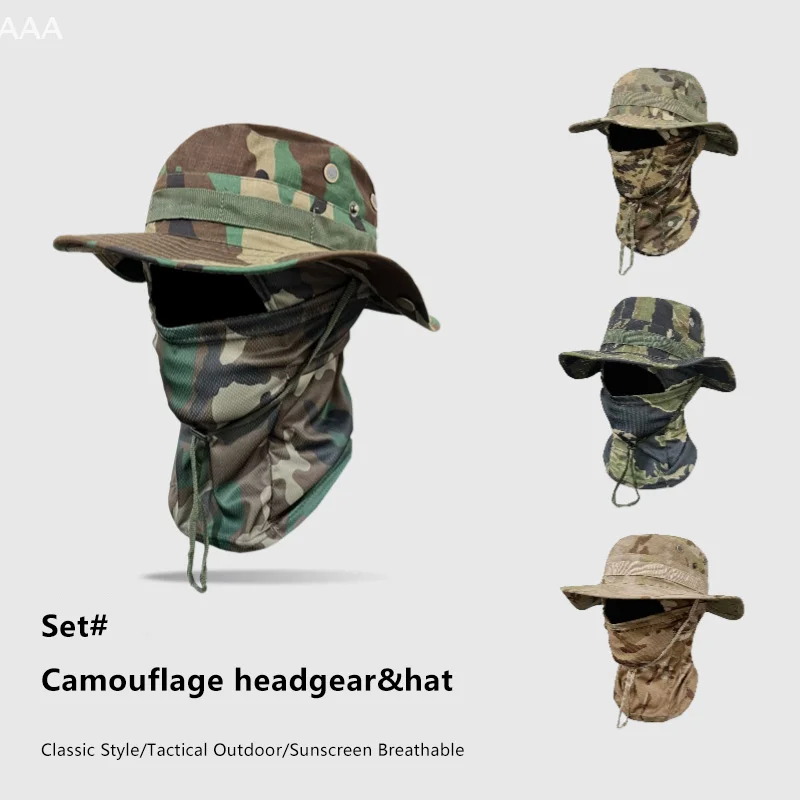 Camouflage Wide Brimmed Hat Balaclava Set Men's Outdoor Sunshade Boonie Cap Foldable Fisherman Hat Fishing Sun Protection Hat