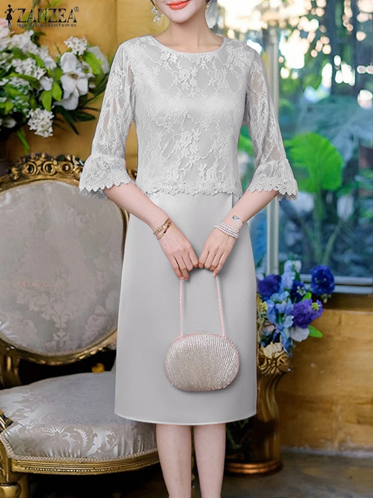 ZANZEA 2025 Elegante Büro Kleid Frauen Sommer Satin Seide Knie-länge Sommerkleid Spitze Robe Casual 3/4 Hülse Solide Party vestidos