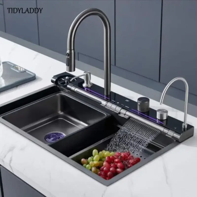 

Kitchen Waterfall Sink Digital Display Large Single Slot Stainless Steel Sink Multifuctional Integrated Waterfall Faucet