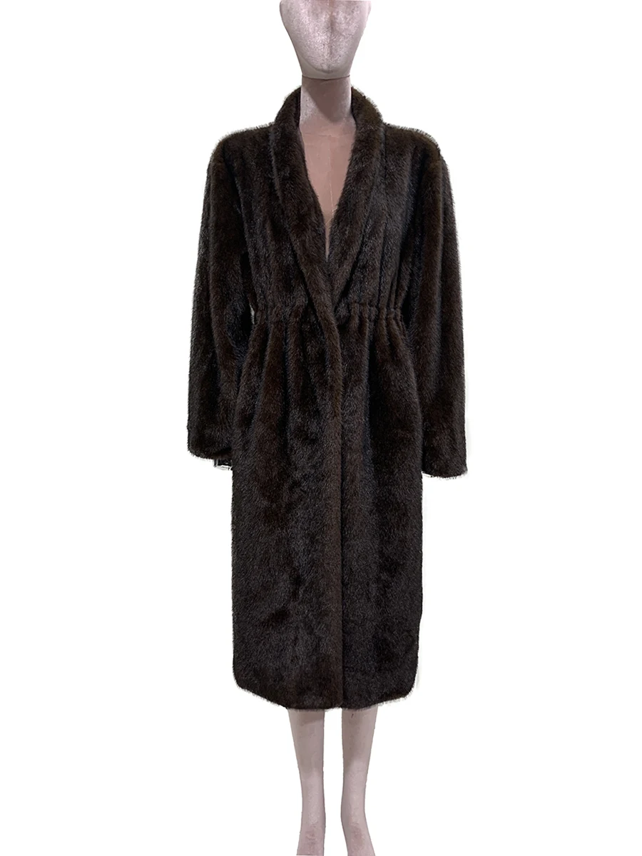 Nerazzurri Autumn Winter Long Luxury Thick Warm Fluffy Faux Mink Fur Coat Women Drawstring Waist Shawl Colalr Furry Overcoat