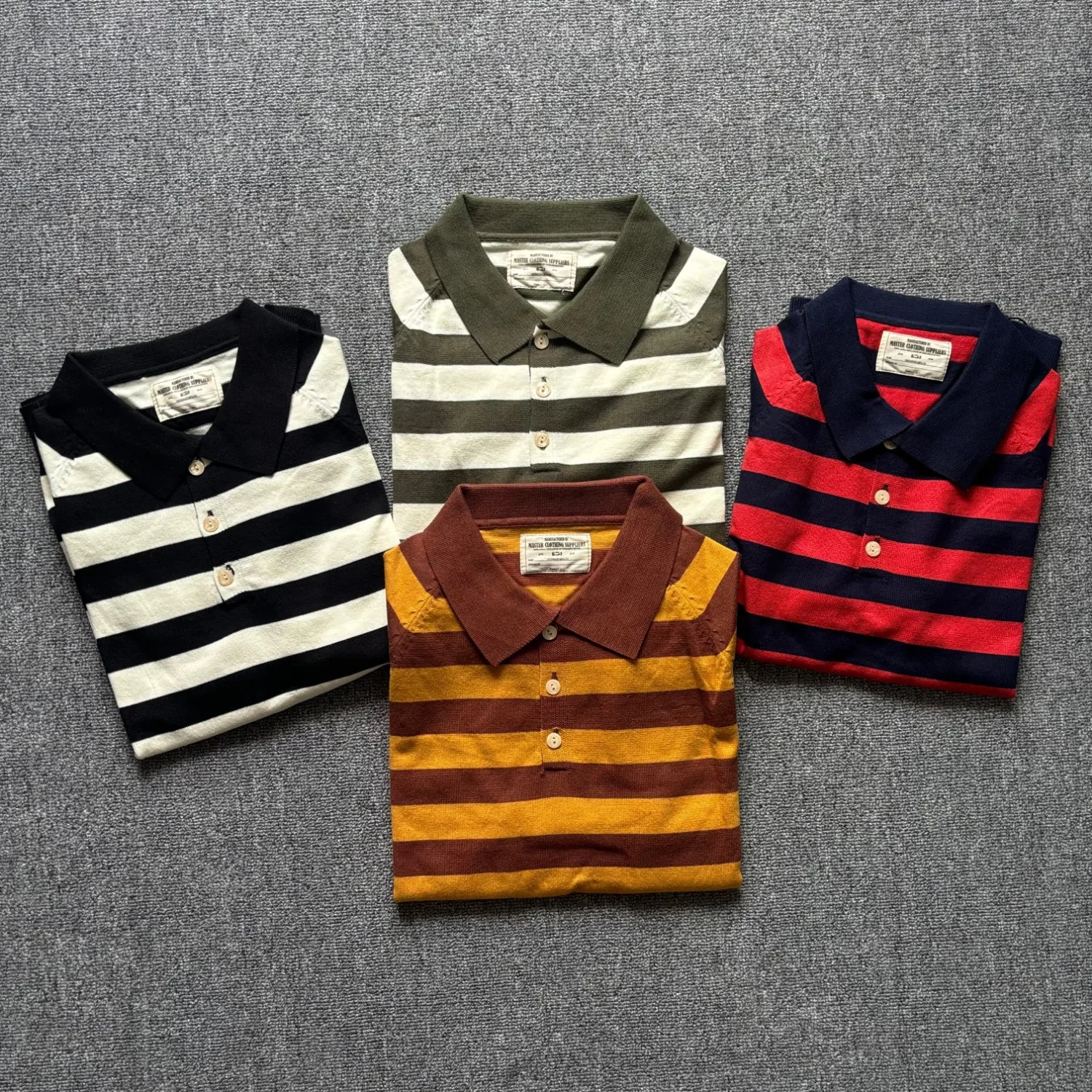 Retro contrasting heavyweight horizontal striped knitted POLO shirt summer men's business casual commuting short-sleeved T-shirt