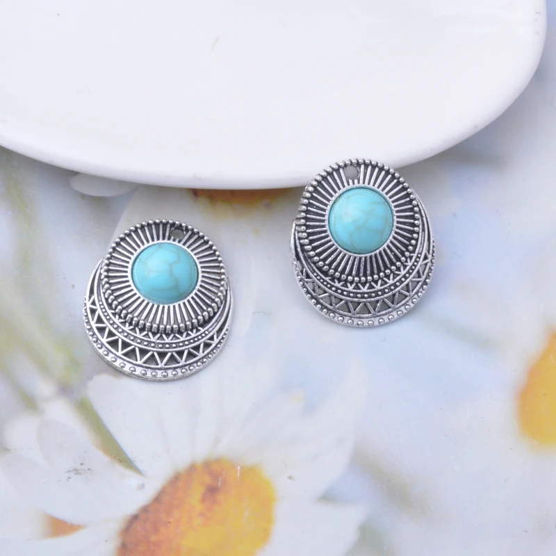 10pcs Bohemian style Antique bronze patina Charms Metal turquoise Cabochon Pendants DIY Making Earrings Women Jewelry