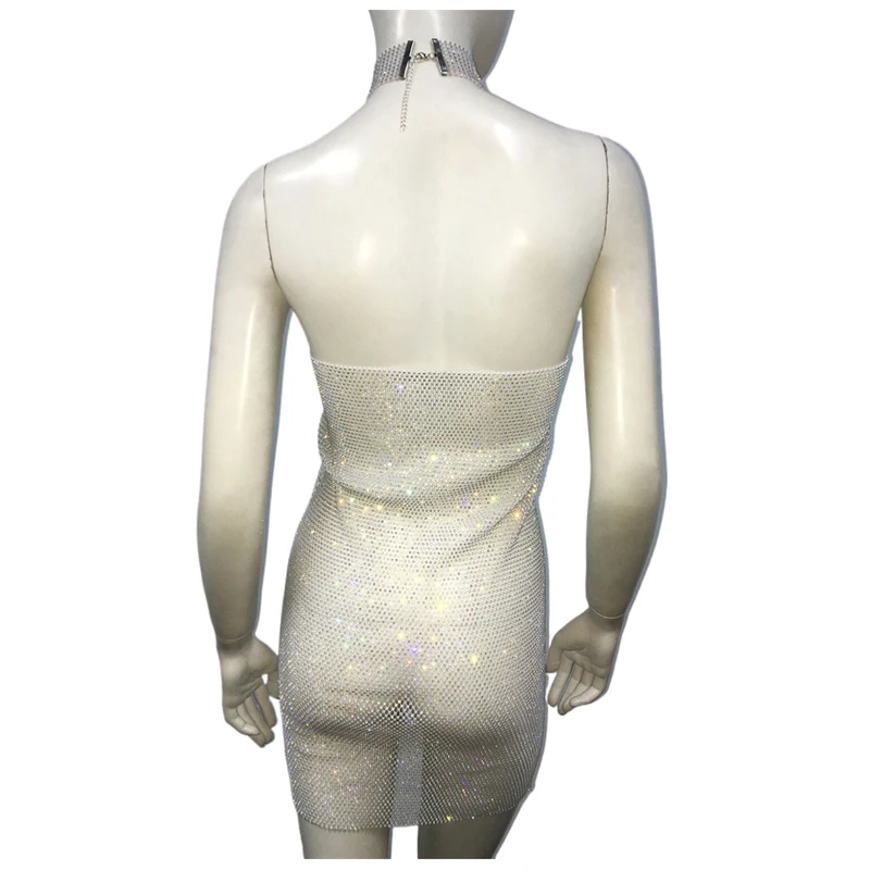 Glitzerndes Kristall-Netzkleid mit Strass für Damen, Neckholder-Minikleid aus transparentem Mesh, figurbetontes Party- und Clubkleid, Geburtstagsgeschenk für Damen – Detail 11
