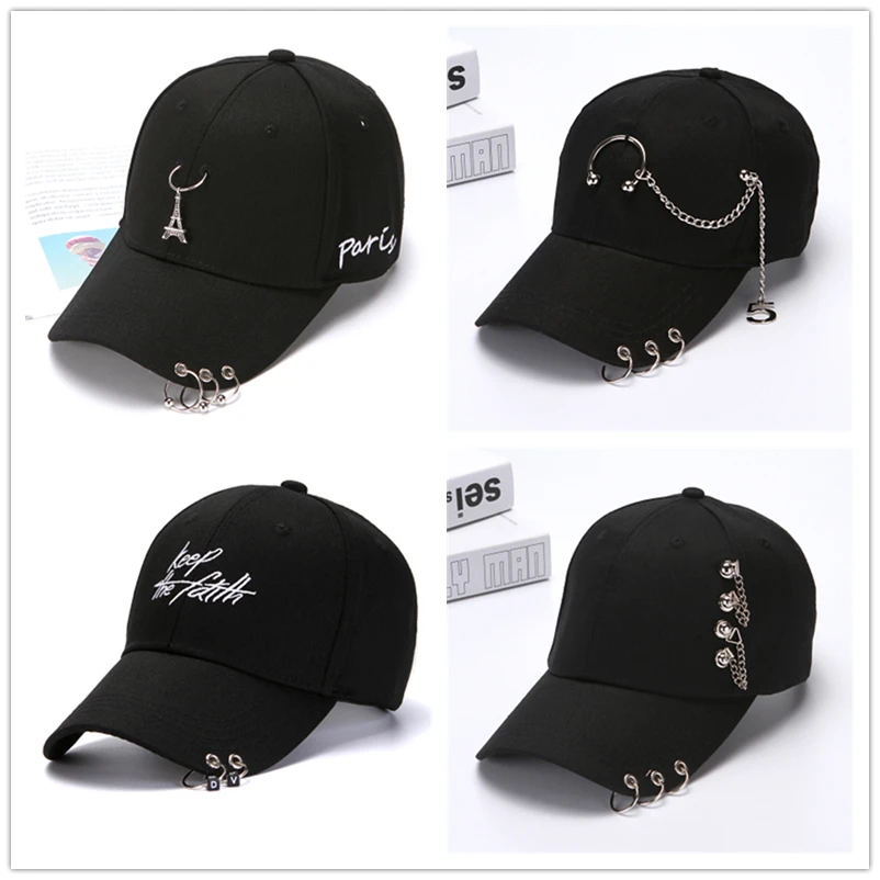 

Hat Women's Spring And Summer Versatile Fashion Iron Ring Baseball Cap Men's Fashion Hip Hop Student Black Sunscreen Visor Cap