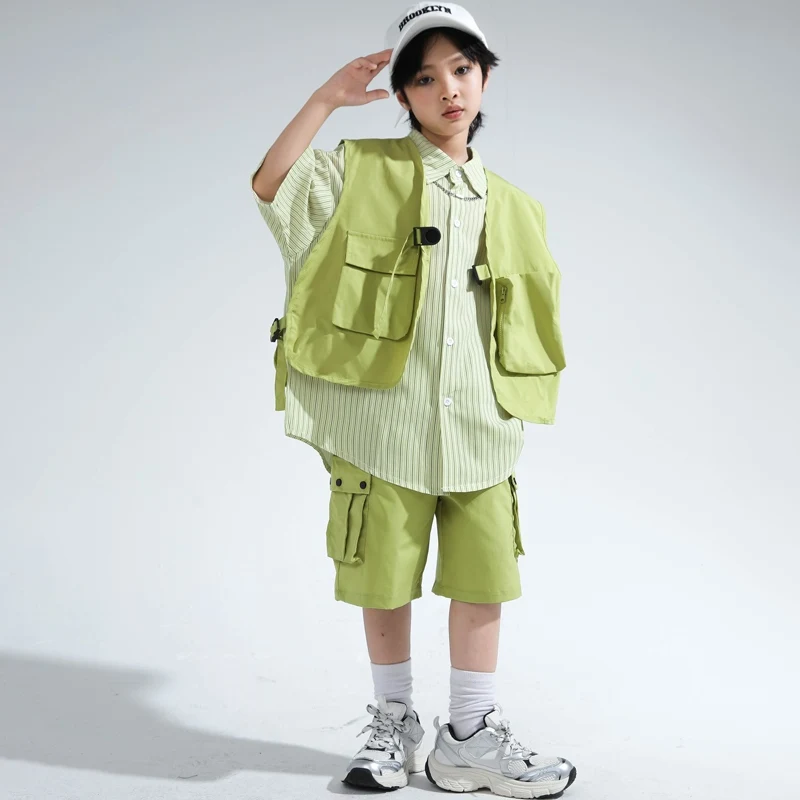 Sommer Kinder Hip Hop Kleidung Jungen Grüne Weste Hemd Shorts Street Dance Kostüm Trommel Konzert Leistung Kleidung Lose BL14863
