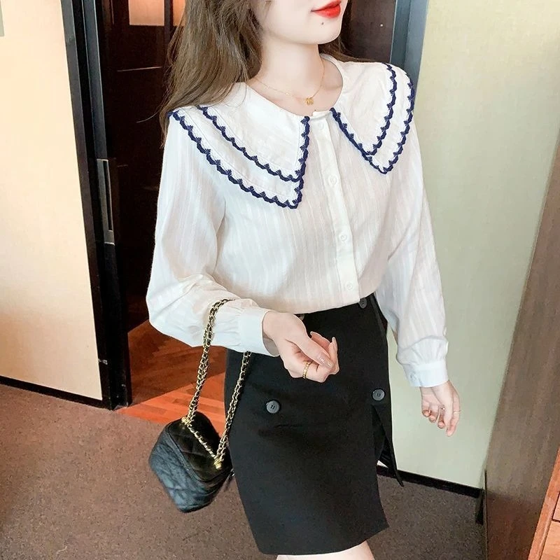 Szyfonowe Białe Koszule i Bluzki Damskie Styl Koreański Nowa Kolekcja 2025 Promocja Vintage Młodzieżowe Ubrania Zapinane na Guziki Damski Top