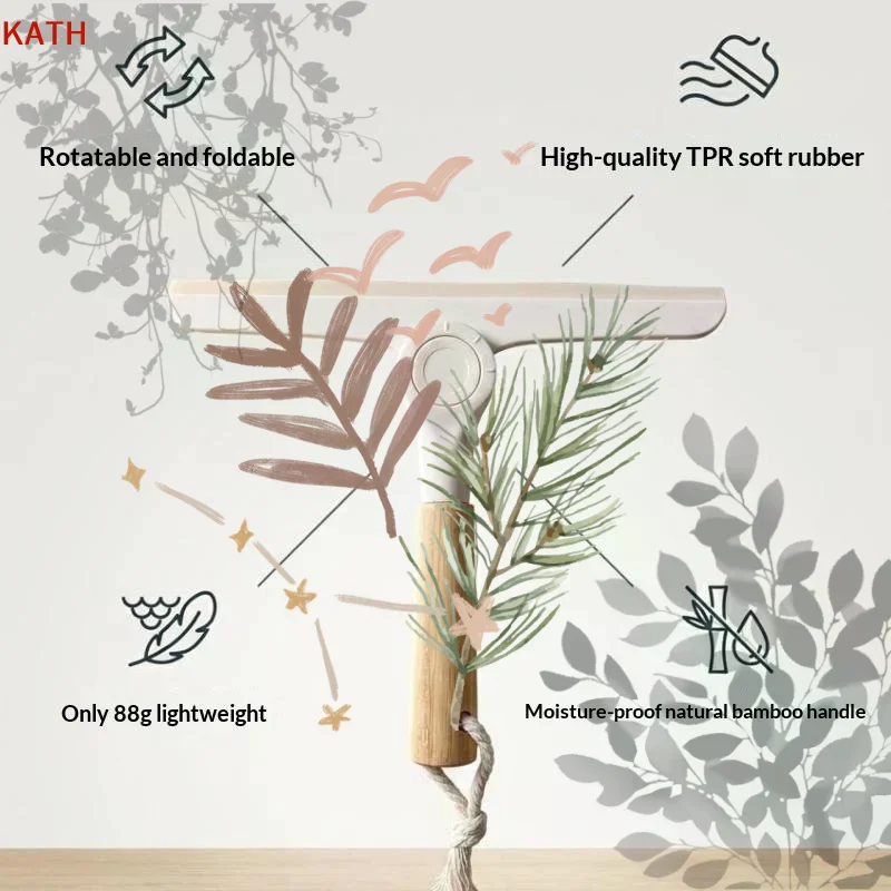Non Scratch Rotating Window Squeegee Wooden Handle: Soft Silicone Glass Wiper Scraper