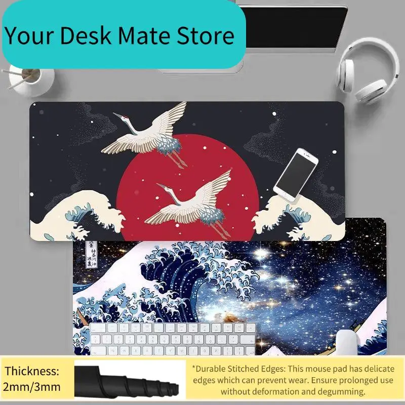 

Популярный японский коврик для мыши в стиле укиё-э, новый, очень большого размера, коврик для компьютерного стола с прошитыми краями, нескользящий и износостойкий.