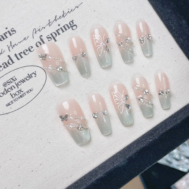 

10pcs Handmade Long Square False Nails with Glue Cat Eye Butterfly Fake Nails Rhinestones Long Self-adhesive Press on Nails 2025