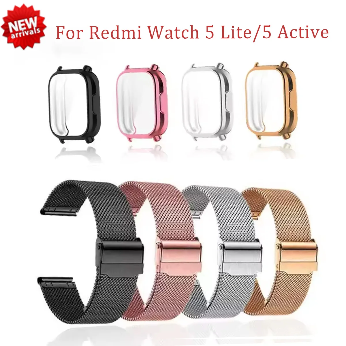 HEISS: Armband mit Gehäuse und Displayschutz für Redmi Watch 5 Active und Redmi Watch 5 Lite – Metallarmband für Herren und Damen