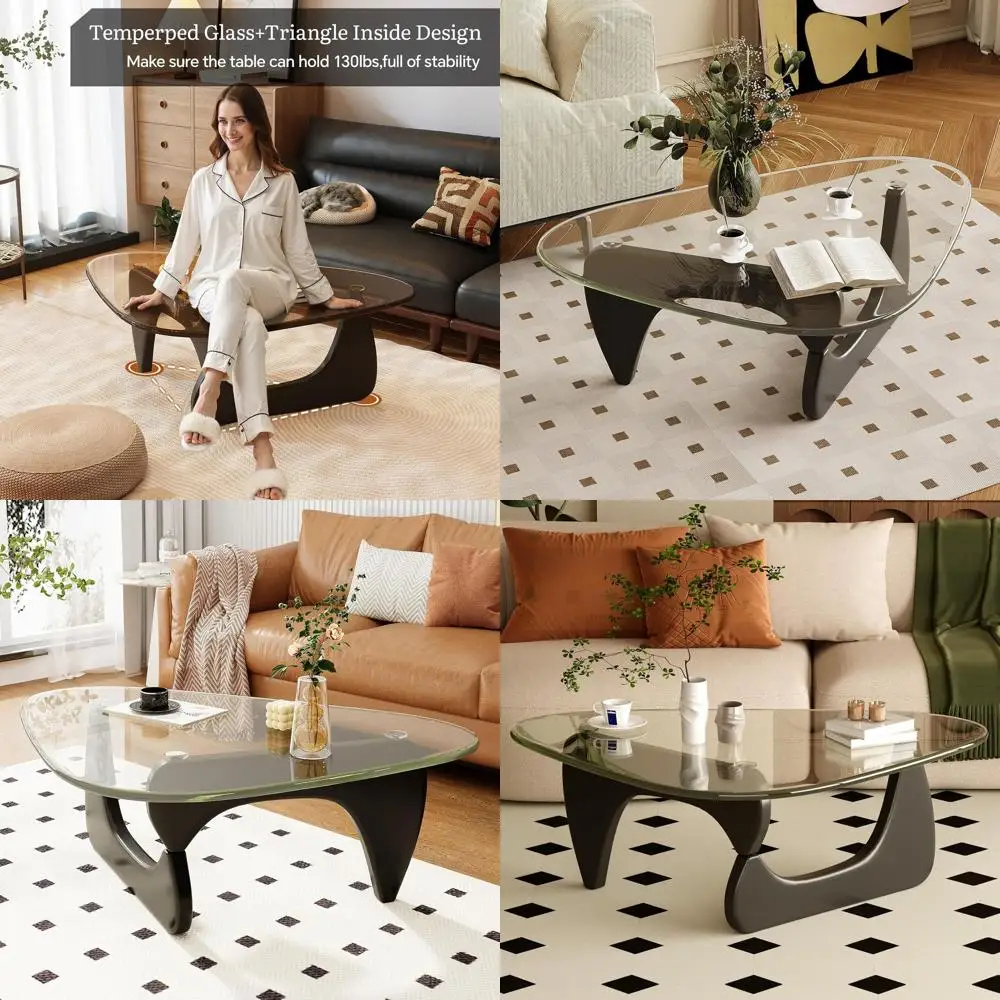 

Mid-Century Modern Living Room Glass Top Coffee Table, Black Transparent