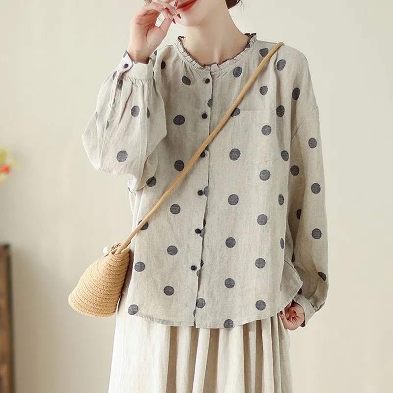 Women Long Sleeve Casual Shirts New Arrival 2024 Spring Vintage Style O-neck Polka Dot Loose Female Cotton Linen Tops B3309