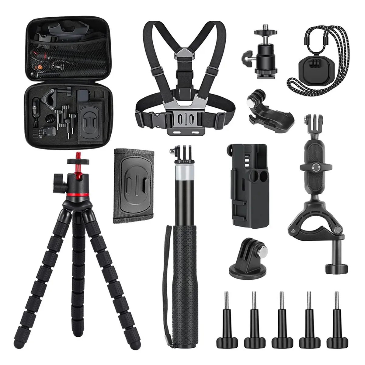 AT33 16-in-1 Action Camera Accessory Kit for GoPro/DJI Action 5/4/Insta360 Tripod/Chest Mounts/Carrying Case/Cold Shoe Head