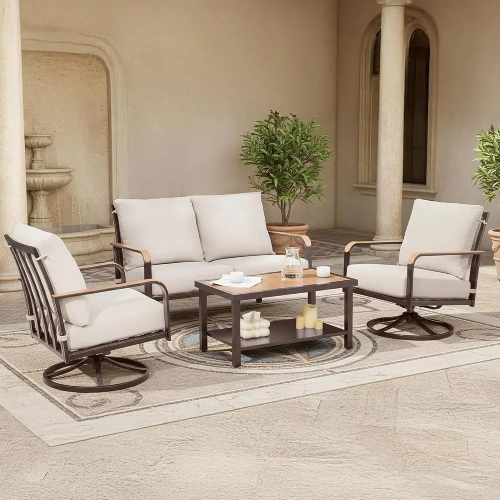 

Комплект садовой мебели из 4 предметов: металлические кресла-качалки, двухместный диван, металлический стол с имитацией дерева и бежевые подушки