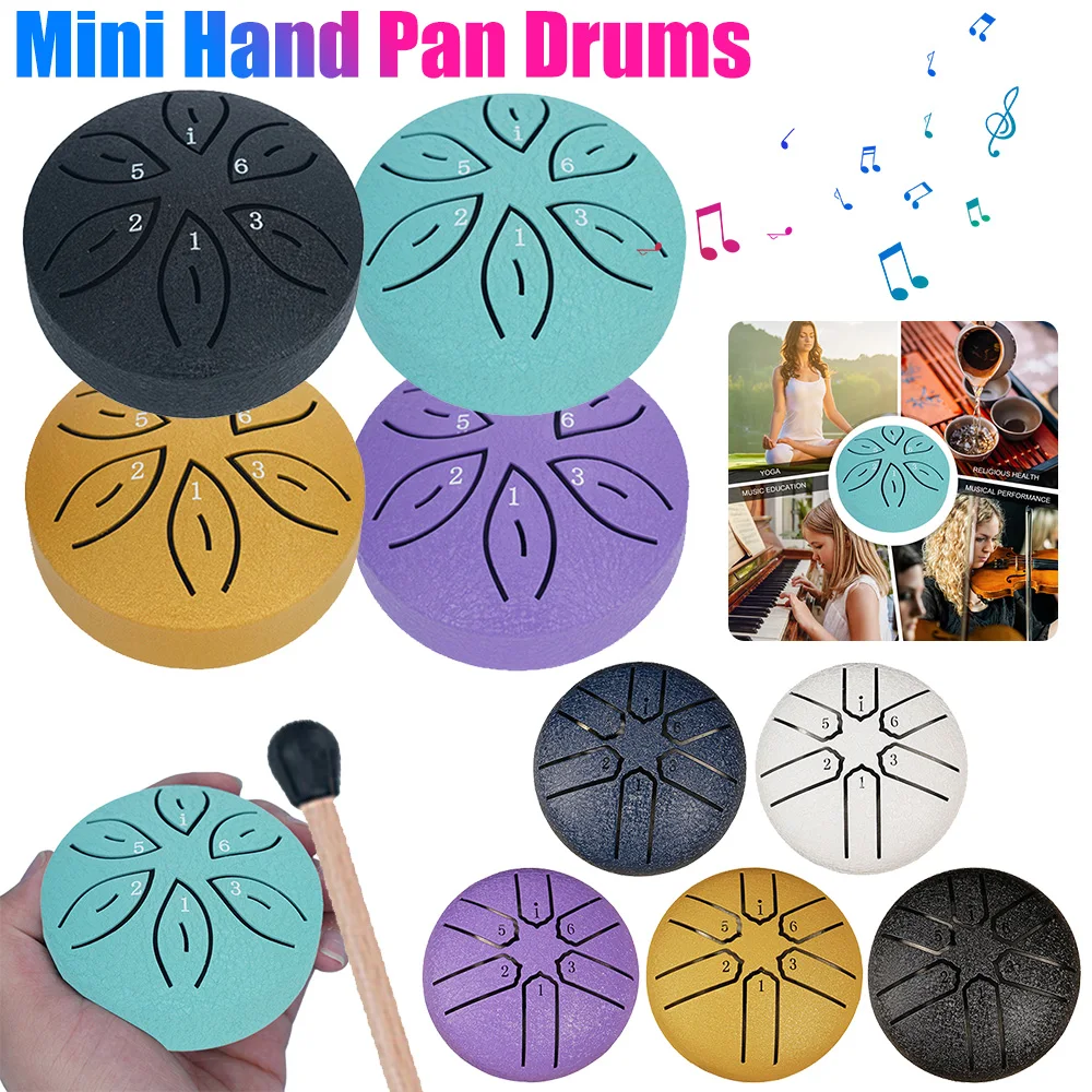 3 Inch 6 Notes Steel Tongue Drum Rain Drum Mini Hand Pan Drums with Drumsticks Percussion Musical Instruments Music Tambourine