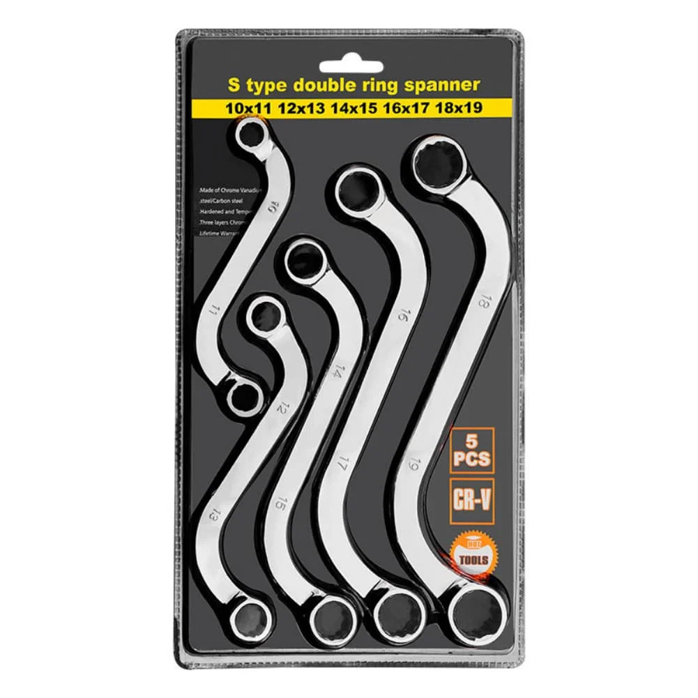 S-Type 12-Angle Box Wrench Set 5 Piece Chrome Vanadium Steel Build Fluted Box Ends Chrome Finish Size Stamped on Both Sides