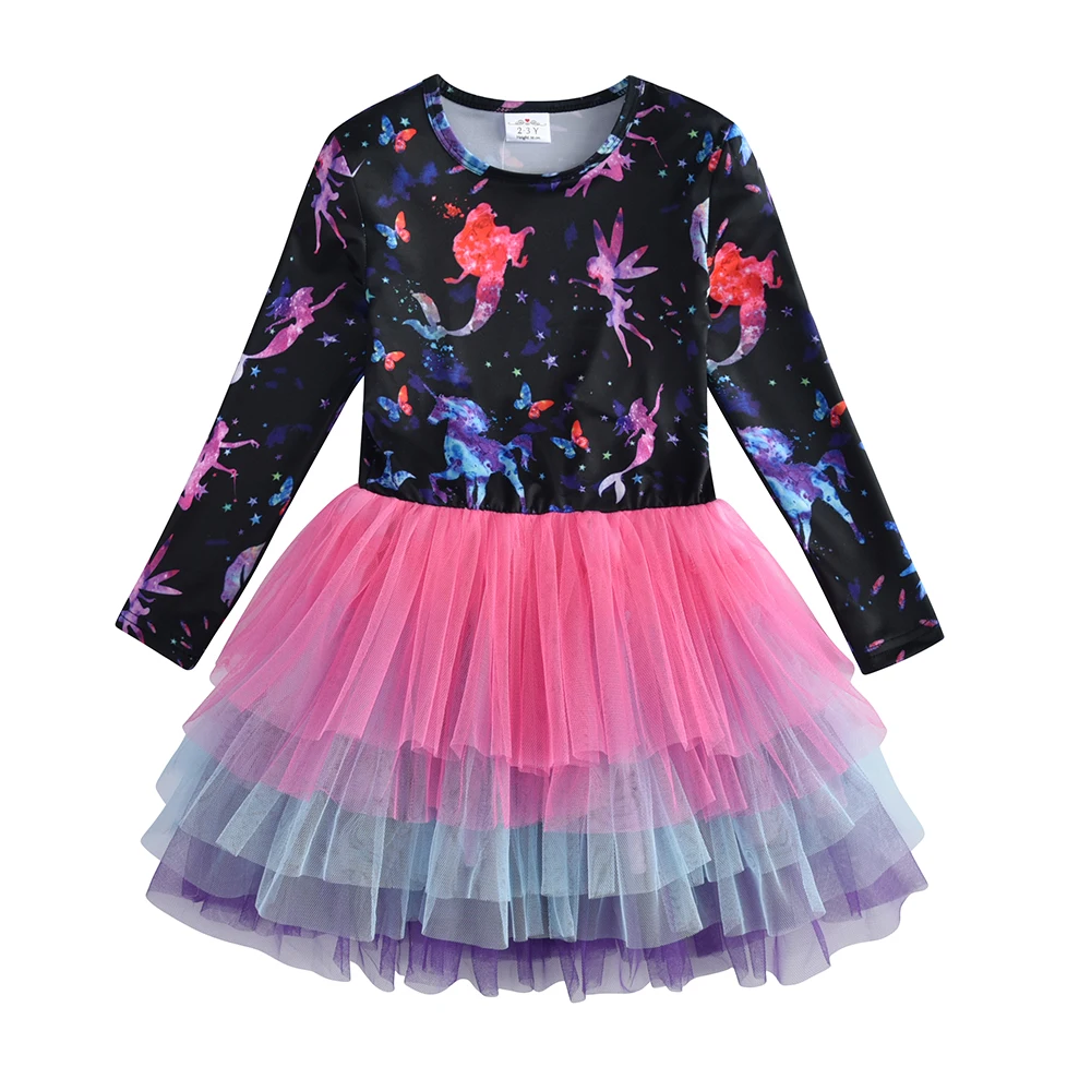 VIKITA Toddlers Girls Long Sleeve Polyester Tutu Dress Kids Galaxy Unicorn Fairy Print Layered Tulle Princess Holiday Frocks