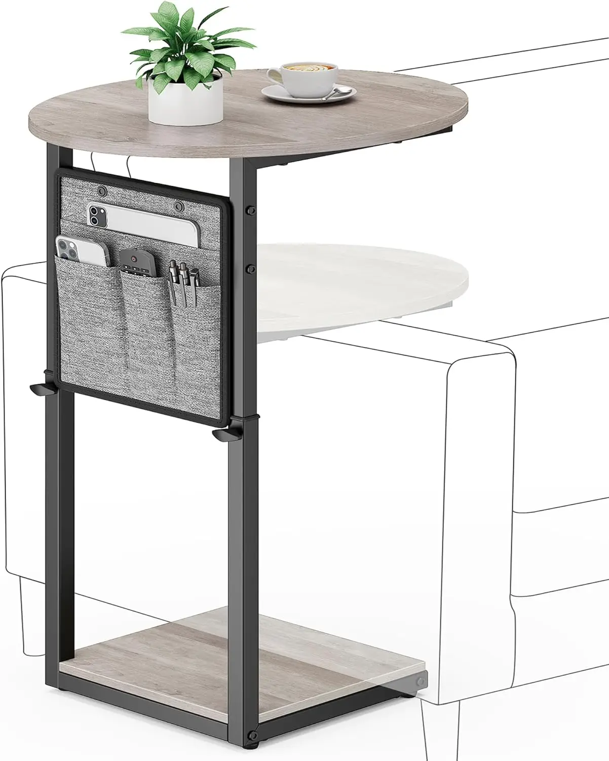 

C-образный торцевой столик, приставной столик для дивана с регулируемой высотой и сумкой для хранения, высота 32 фута, стол с подносом под диваном для гостиной и