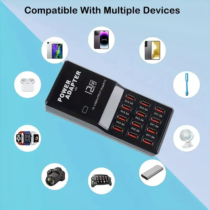 60W 12 Ports USB-A Fast Charging Desktop Station with Charging Indicator and Short Circuit Protection for All Smartphones iPhone