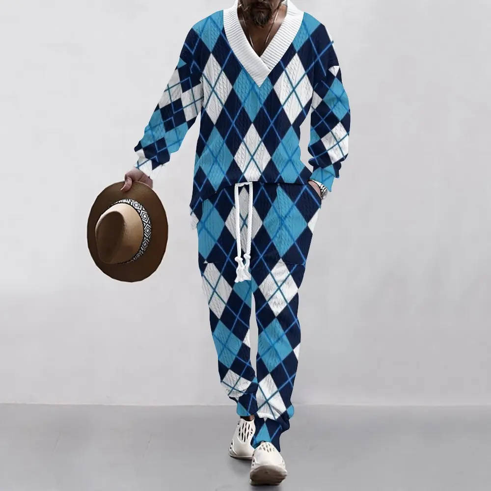 American technology print conventional jacquard loose joint blue check men's V-neck casual long sleeve pants suit