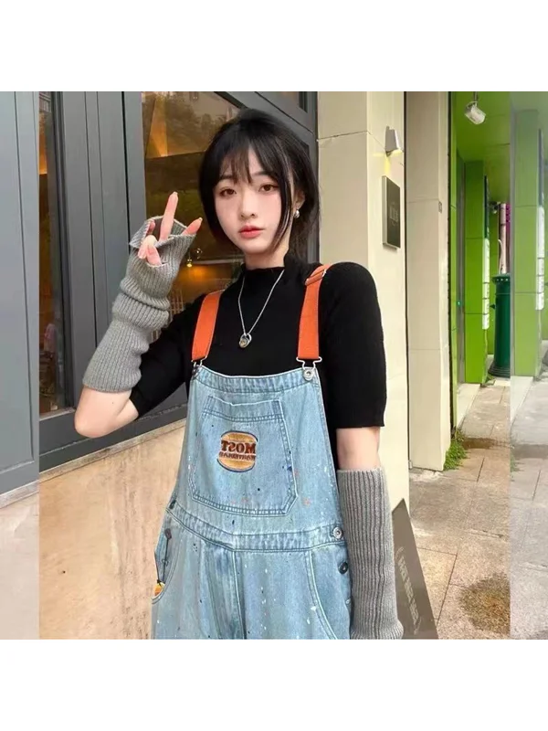 Large Size Denim Overalls Women's Spring Autumn Fashion Slimming Vintage High Waist PU Leather Cleanfit Style High Quality