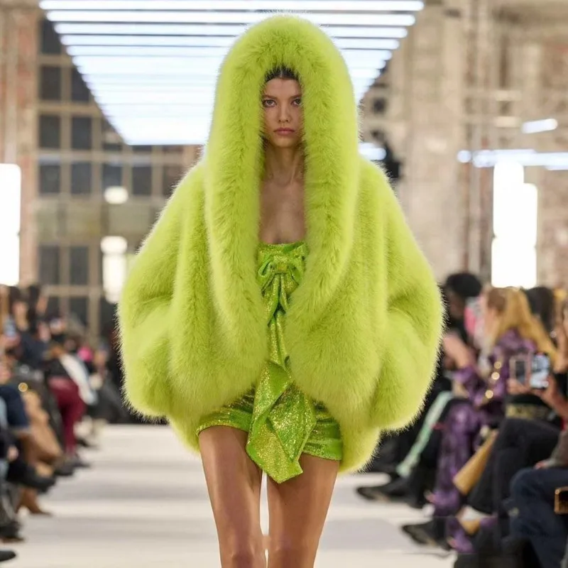 

Europe, America 2025 Winter Street Faux Fur Cloak Hooded Jacket Women's Hairy Shawl