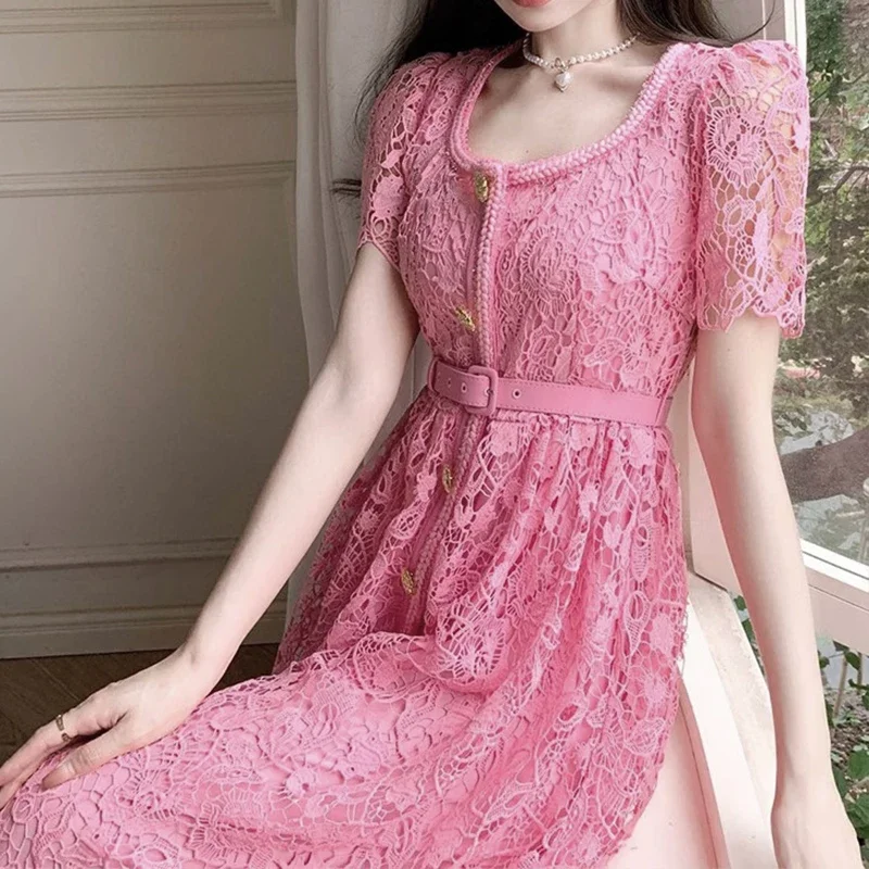 Golden Button Pink Lace Women Dress Bodycon  Summer Square Neck Elegance Dresses Female Evening Hollow Out Clothing Luxury