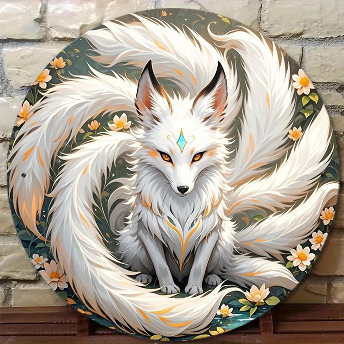 2D Flat - A White Nine-Tailed Fox Sitting Among Flowers, Vintage Sign for Wall Decoration, Measuring 8X8 Inches Or 20X20 Cm, Per