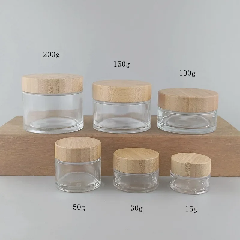 5 stks/partij 15/30/50/100/150/200g Massief Houten Bamboe cover Cosmetica Gezichtscrème Fles Matglas Crème Potten Groothandel