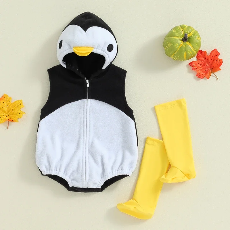 Baby Penguin Costume Fleece Sleeveless Zip-Up Hooded Romper Knee High Socks 2 Piece Set Cosplay Photography Clothes