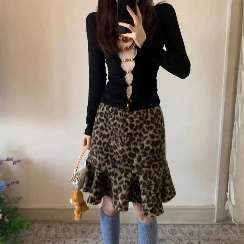 

New Retro Leopard Print Mermaid Skirt Women Fashion High Waist Ruffled Wrapped Autumn Winter Fashion Woolen Skirts Elegant