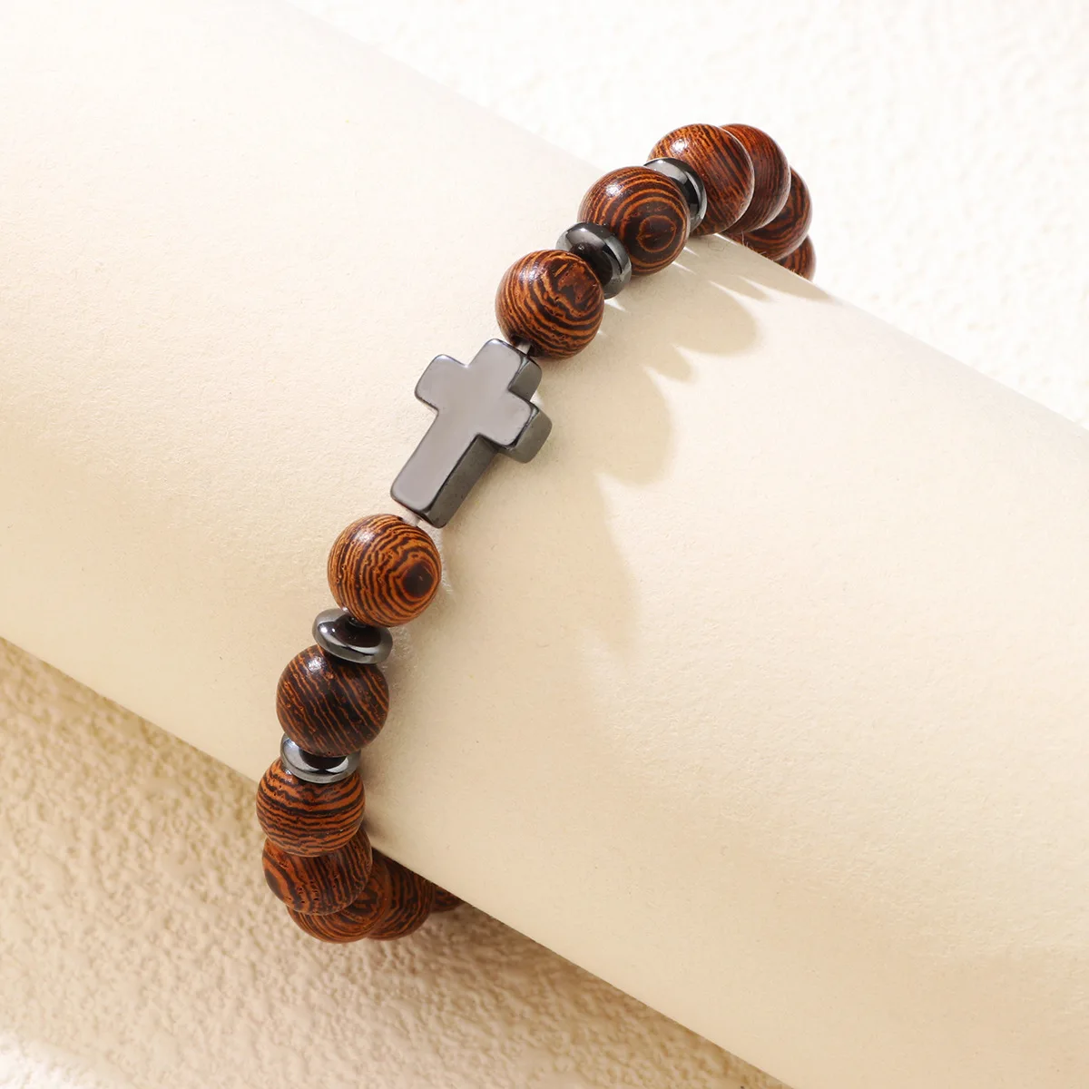 

Black gallstone cross beaded bracelet men's wood grain bracelet