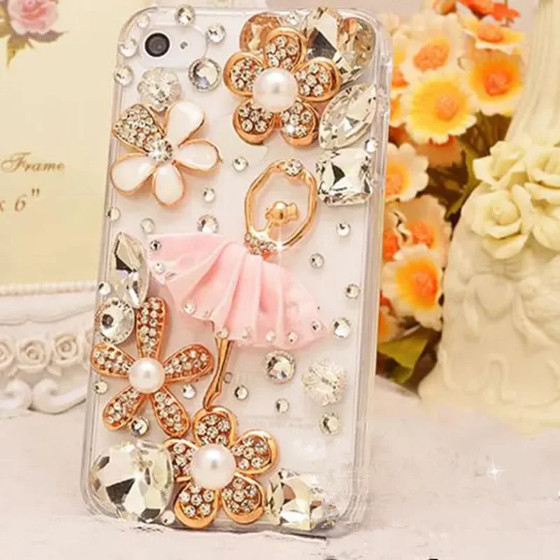 Luxury Bling Dancing Girl Rhinestone Flower Case for Iphone 14Pro 15 13 12 11Pro 15ProMAX 16 PLUS Soft Chain Diamond Back Cover