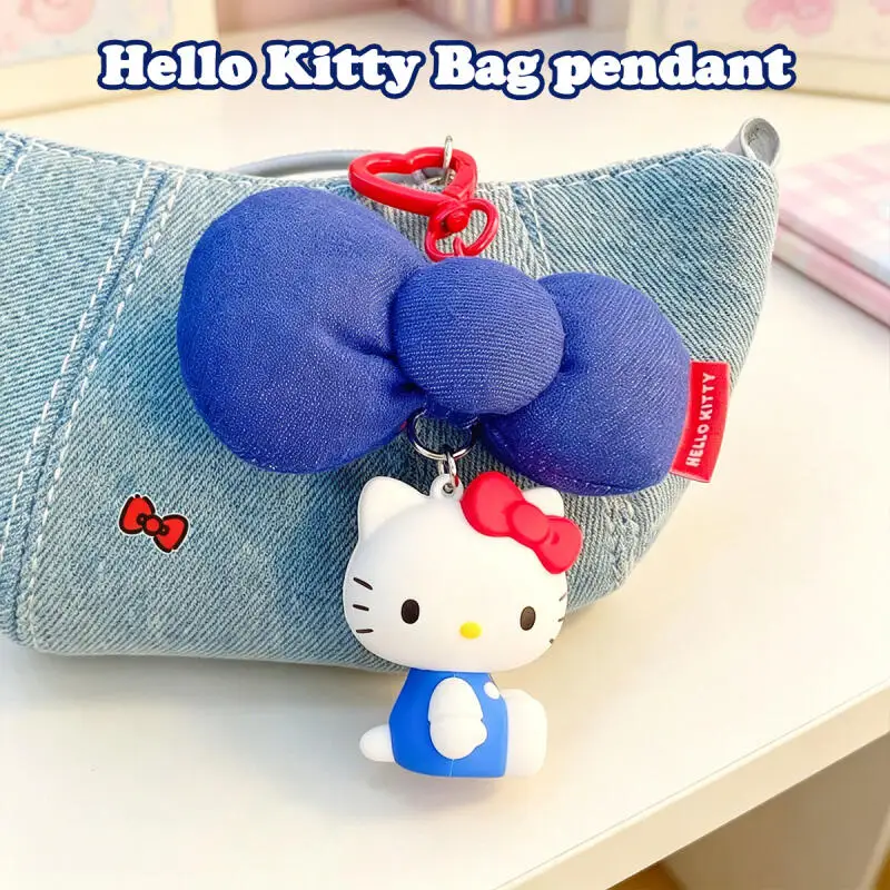 Hello Kitty Denim Bow Keychain Bag Pendant Cartoon Car Key Hanging Decor Daily Accessory Gift