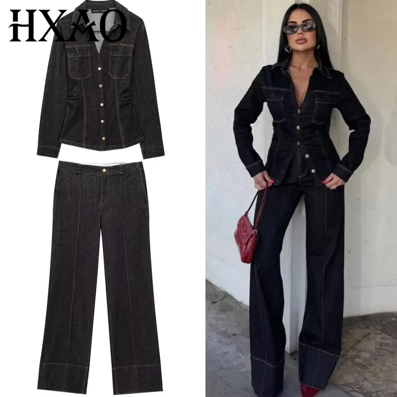 HXAO Conjuntos de pantalones vaqueros negros Conjunto de dos piezas para mujer Camisa delgada de manga larga Conjuntos de 2 piezas Conjunto de mujer Conjunto de pantalones acampanados de cintura alta