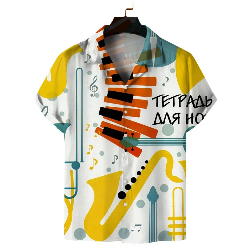 Camisa havaiana de manga curta masculina e feminina, Gráfica Musical, Flor, Folha, Blusa Estampada 3D, Tops de Lapela Casual, Camisas Aloha, Moda