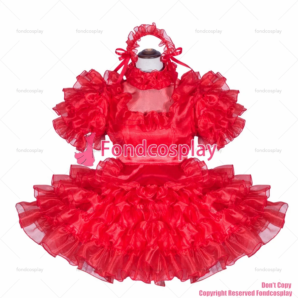 fondcosplay adult sexy cross dressing sissy maid short French Lockable Red Organza satin Dress Uniform CD/TV[G4064]