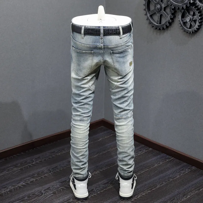 High Street Fashion Men Jeans Retro Washed Blue Stretch Spliced Designer Slim Fit Biker Jeans Men Hip Hop Denim Ripped Pants