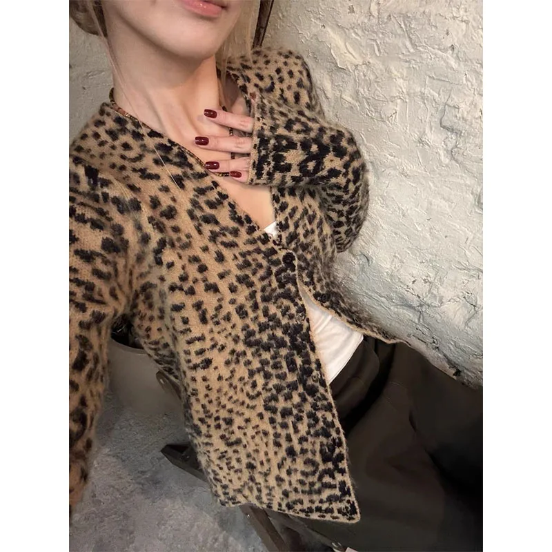 ملابس نسائية أنيقة من نسيج الفهد، معطف مفتوح من الأمام بأكمام طويلة مع أزرار، قمة الموضة الخريفية المثيرة برقبة على شكل V